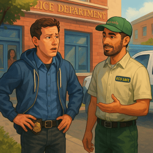 Jake Peralta from Brooklyn Nine-Nine reacts outside a police station as an Eco-Safe Pest Control technician explains pest removal, with a truck in the background.