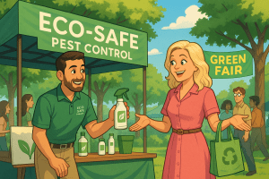 Leslie Knope smiles while receiving an organic pest control spray from an Eco-Safe technician at the Pawnee Green Fair, promoting eco-friendly mosquito solutions.