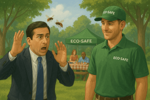 Michael Scott panics as wasps approach during a park picnic, while an Eco-Safe Pest Control technician stands calmly nearby under an “ECO-SAFE” tent.
