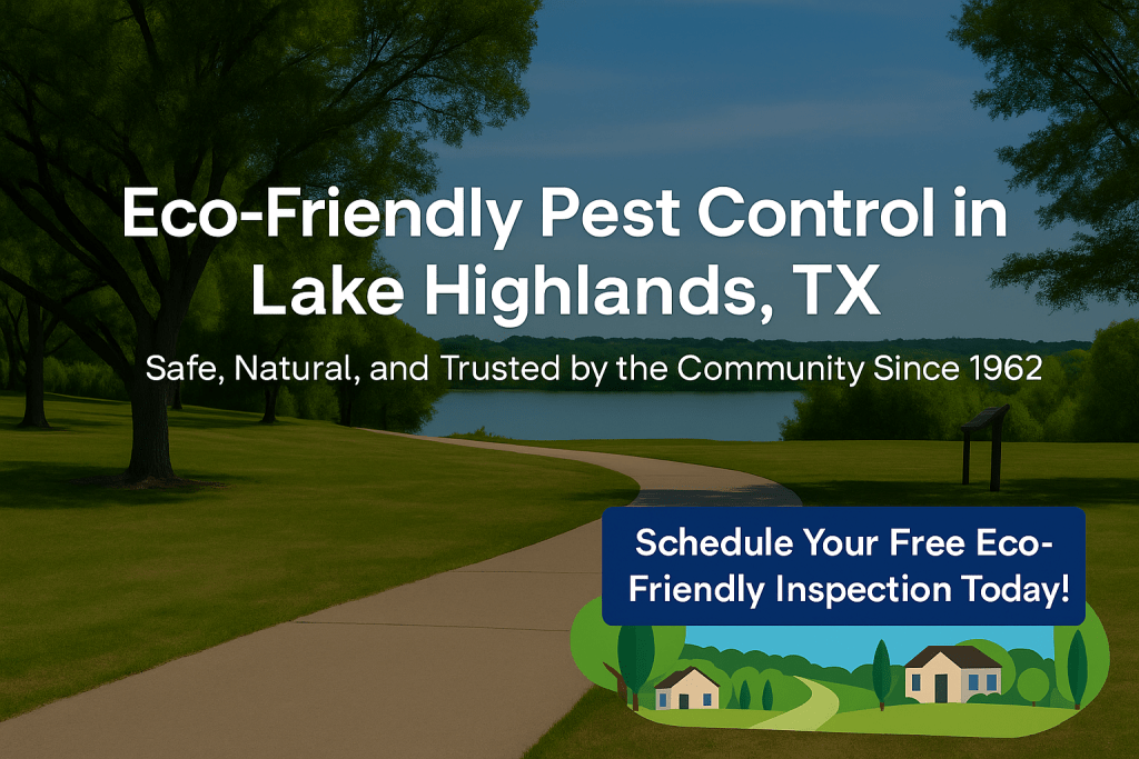 A promotional digital image for Eco-Safe Pest Control showing a Lake Highlands-style neighborhood with eco-safe branding, emphasizing green pest control solutions.