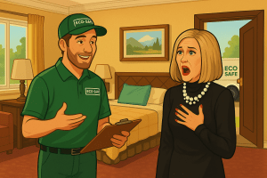 Moira Rose from Schitt’s Creek reacts in shock inside a motel room as an Eco-Safe Pest Control technician explains green pest treatment options, with the company truck visible outside.