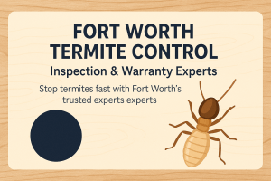 Illustration of a termite next to text highlighting Fort Worth termite inspection and warranty services for residential pest control