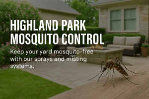 Outdoor patio with text overlay promoting Highland Park mosquito control services, featuring yard sprays and misting systems for mosquito-free living.
