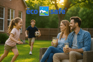 A smiling family of four relaxes in their mosquito-free backyard in Rockwall, Texas, with parents seated and kids playing on the grass during a sunny afternoon.